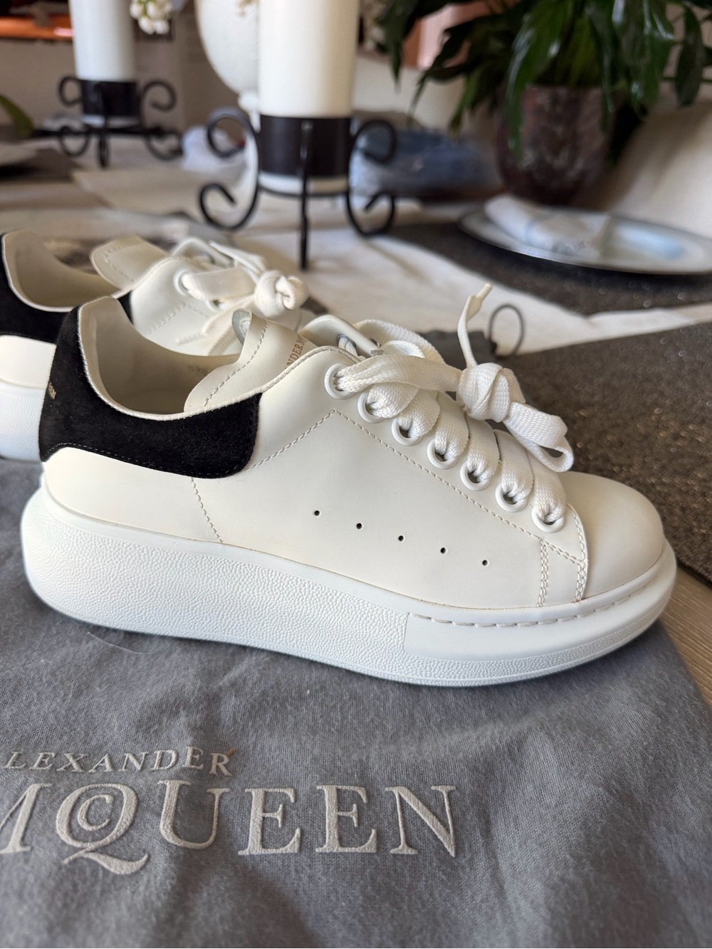 Alexander McQueen White Leather Platform Sneakers with Black Heel